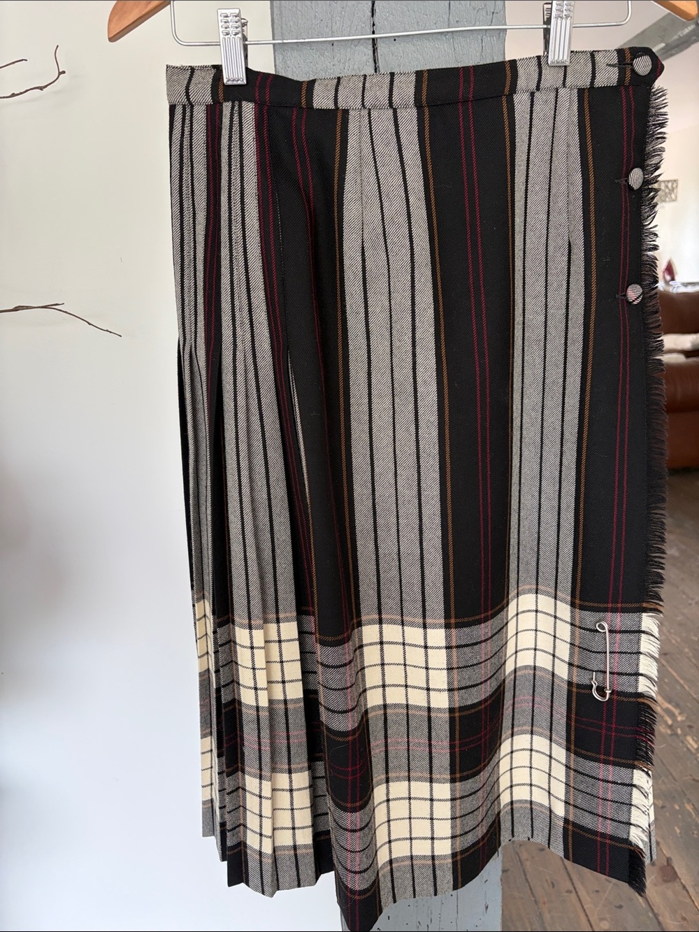Pleated Black and Gray Plaid Midi Skirt - Classic Women's Skirt vintage aljean